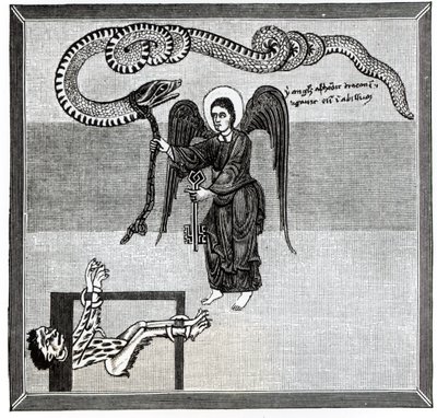 The Angel, holding the Keys of Hell, enchains the Devil, in the shape of a Dragon, in the Pit, from a Commentary upon the Apocalypse by the Asturian monk Beatus of Liebana, c.776, illustration from 